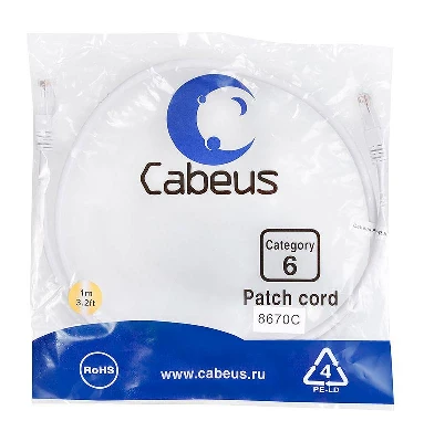 Патч-корд U/UTP кат.6 PC-UTP-RJ45-Cat.6-1m-WH 2xRJ45/8p8c неэкранир. PVC 1м бел. Cabeus 8670c