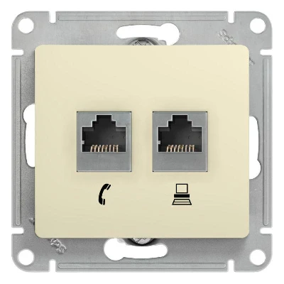 Розетка компьютерная + телефонная 2-м СП Glossa RJ45 + RJ11 кат.5E механизм беж. SE GSL000285